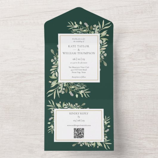 Emerald Greenery QR Code Wedding All In One Einladung (Innen Boden)