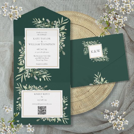 Emerald Greenery QR Code Wedding All In One Einladung