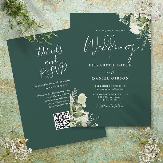 Emerald Greenery QR Code Wedding Einladung