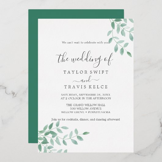 Emerald Greenery | Rose Gold Foil Wedding Folieneinladung (Vorderseite/Rückseite)