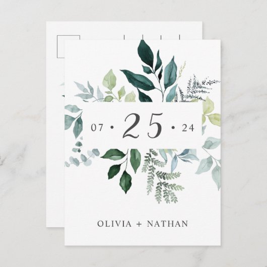 Emerald Greenery Rustikale Blätter Save the Date Einladungspostkarte (Vorne/Hinten)
