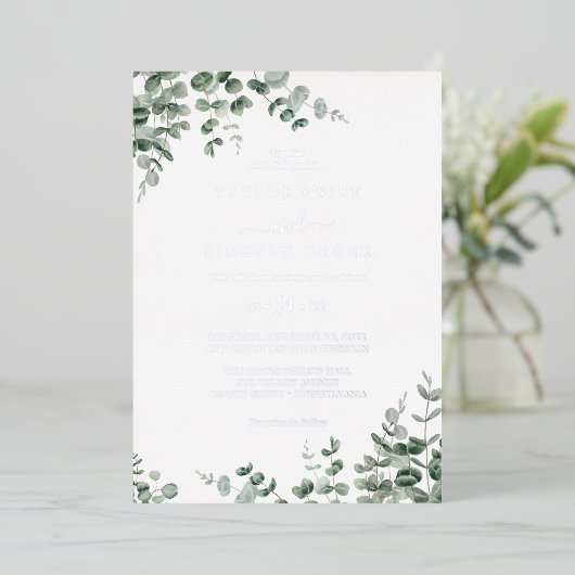 Emerald Greenery | Silberhüpfen Folieneinladung (Stehend vorne)