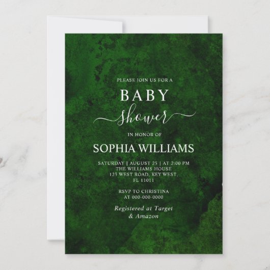 Emerald Greenery & Silver Calligraphy Baby Shower Einladung (Vorderseite)
