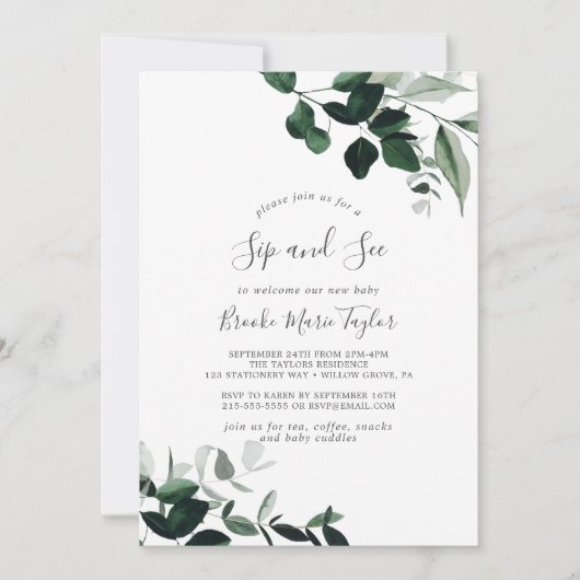 Emerald Greenery Sip and See Einladung (Vorderseite)