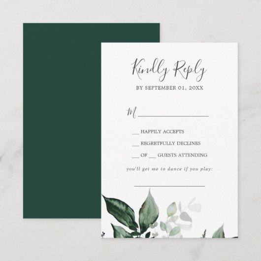 Emerald Greenery Song Request Wedding RSVP Card Karte (Vorne/Hinten)