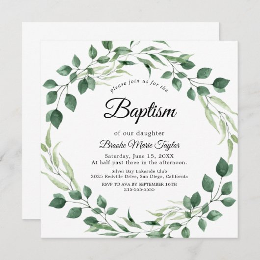 Emerald Greenery Square Taufe Einladung (Vorne/Hinten)