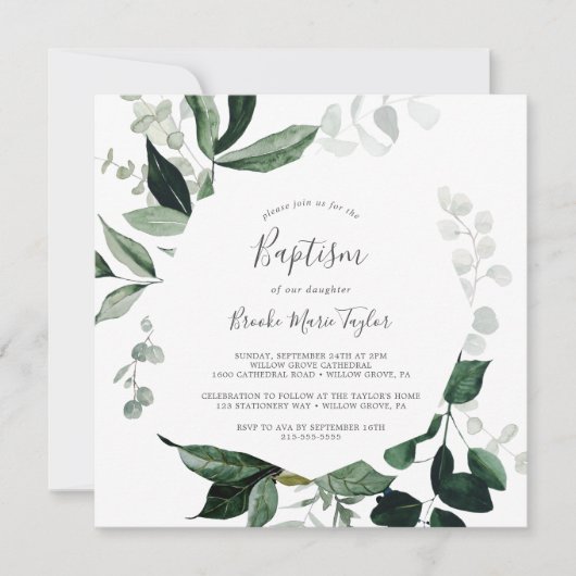 Emerald Greenery Square Taufe Einladung (Vorderseite)