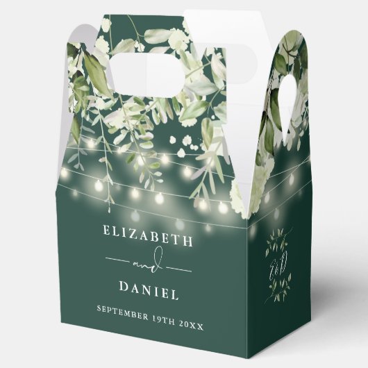 Emerald Greenery String Lights Monogram Wedding Geschenkschachtel (Geöffnet)