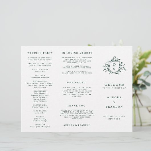 Emerald Greenery Vintag Botanical Wedding Program (Stehend Vorderseite)
