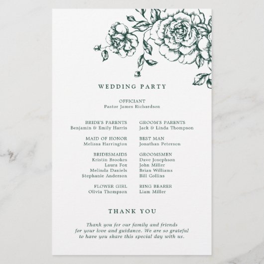 Emerald Greenery Vintag Botanical Wedding Program (Rückseite)