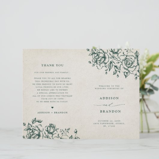 Emerald Greenery Vintag Botanical Wedding Program (Stehend Vorderseite)
