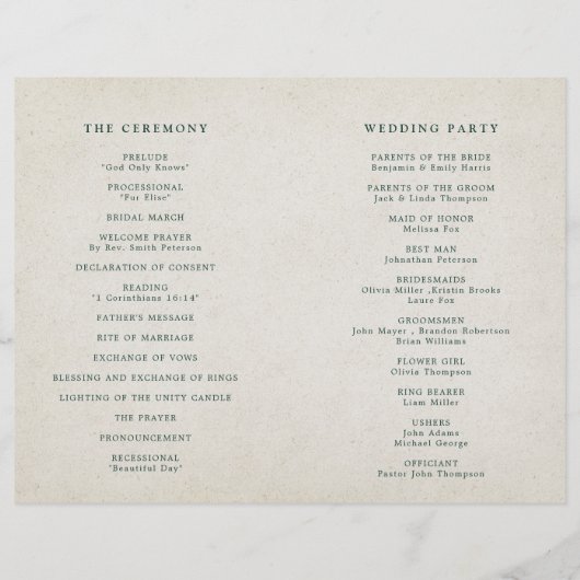 Emerald Greenery Vintag Botanical Wedding Program (Rückseite)