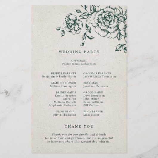 Emerald Greenery Vintag Botanical Wedding Program (Rückseite)