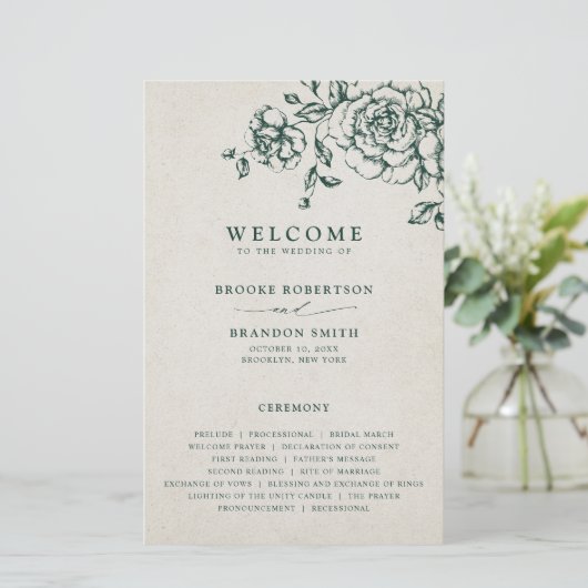 Emerald Greenery Vintag Botanical Wedding Program (Stehend Vorderseite)