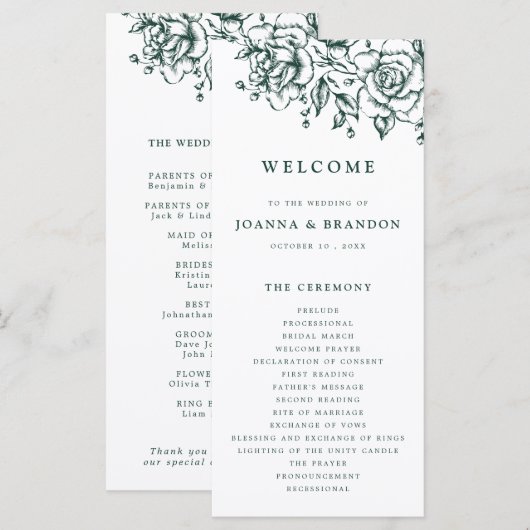 Emerald Greenery Vintag Botanische Hochzeit Programm (Vorne/Hinten)