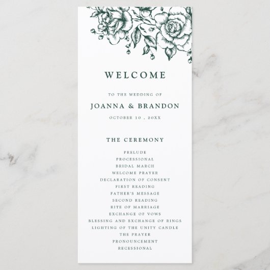 Emerald Greenery Vintag Botanische Hochzeit Programm (Vorderseite)