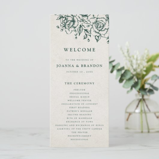 Emerald Greenery Vintag Botanische Hochzeit Programm (Stehend Vorderseite)