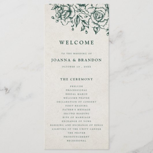 Emerald Greenery Vintag Botanische Hochzeit Programm (Vorderseite)