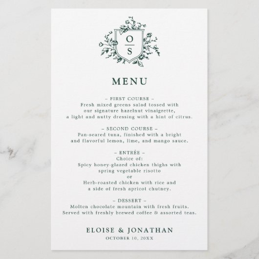 Emerald Greenery Vintag Botanische Hochzeitsmenü (Vorderseite)