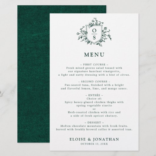 Emerald Greenery Vintag Botanische Hochzeitsmenü (Vorne/Hinten)