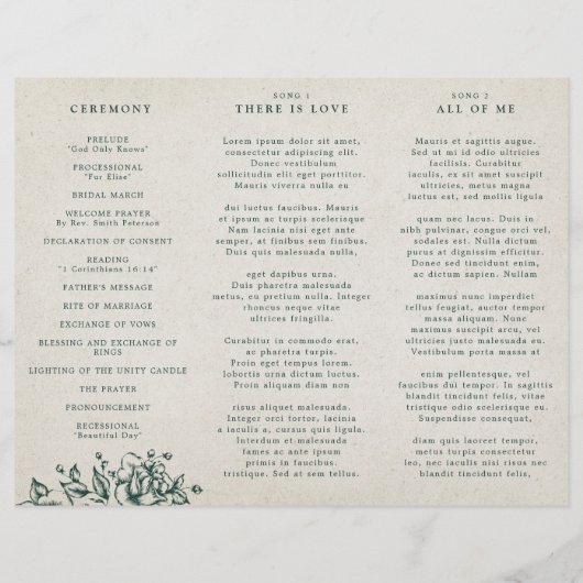 Emerald Greenery Vintage Botanical Wedding Program (Rückseite)