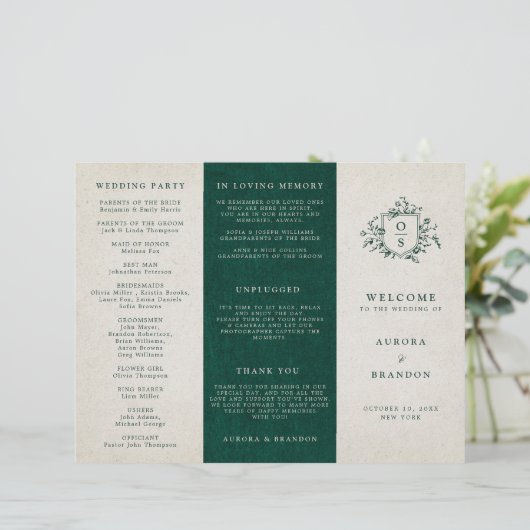 Emerald Greenery Vintage Botanical Wedding Program (Stehend Vorderseite)