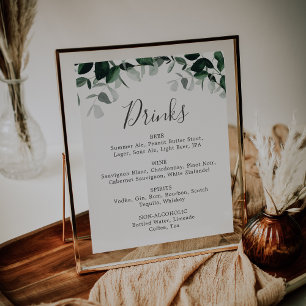Emerald Greenery Wedding Drinks Menü-Zeichen Poster