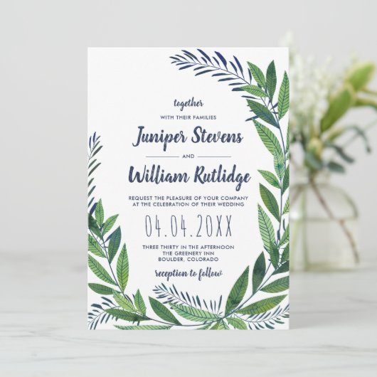 Emerald Greenery Wedding Einladung (Stehend Vorderseite)