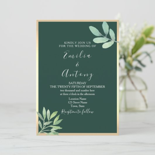 Emerald Greenery Wedding Einladung (Stehend Vorderseite)