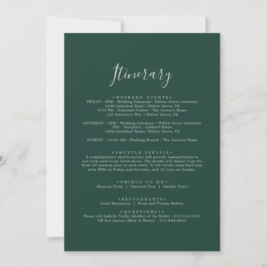 Emerald Greenery Wedding Welcome Letter Itinerary (Rückseite)
