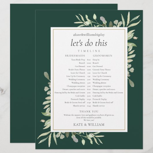 Emerald Greenery Wedding Zeitplan Timeline (Vorne/Hinten)