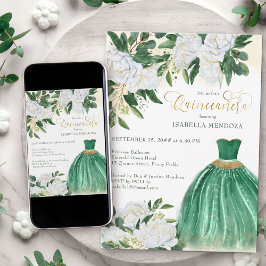 Emerald Greenery White Peony Princess Quinceanera Einladung