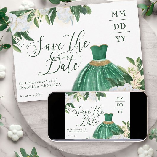 Emerald Greenery White Peony Quinceanera Princess Save The Date