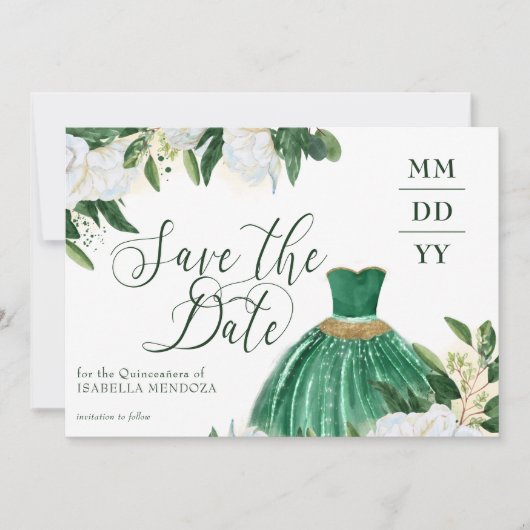 Emerald Greenery White Peony Quinceanera Princess Save The Date (Vorderseite)