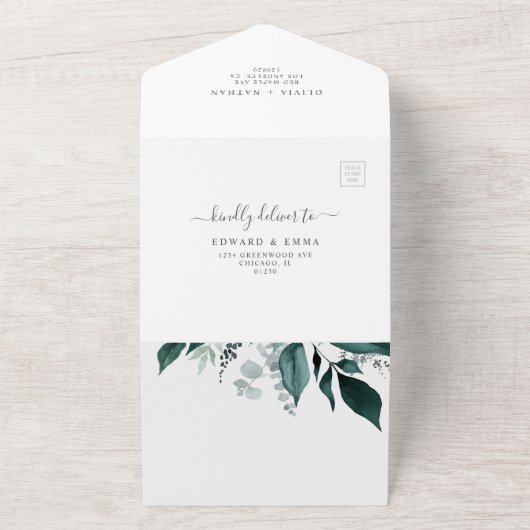 Emerald Greenery Woodland Leaf Hochzeit in einem All In One Einladung (Außenbereich)