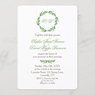 Emerald Greenery Wreath Monogram Wedding Einladung