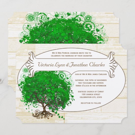 Emerald Heart Leaf Tree Barn Wood Wedding Einladung (Vorne/Hinten)