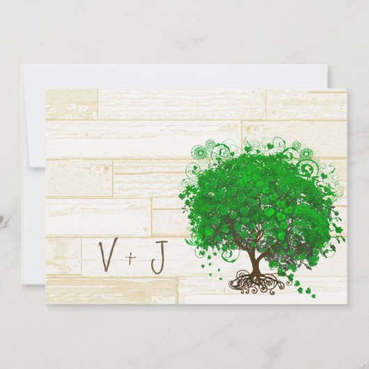 Emerald Heart Leaf Tree Barn Wood Wedding Einladung (Rückseite)