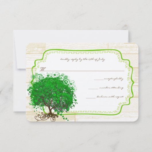 Emerald Heart Leaf Tree Barn Wood Wedding RSVP (Vorderseite)