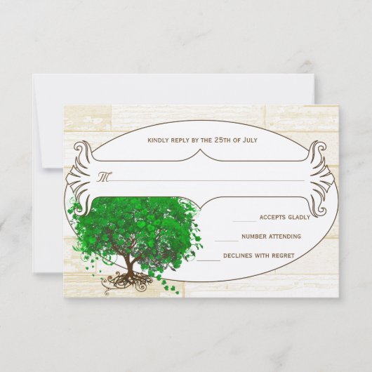 Emerald Heart Leaf Tree Barn Wood Wedding RSVP (Vorderseite)