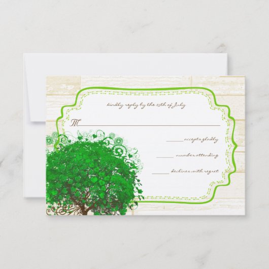 Emerald Heart Leaf Tree Barn Wood Wedding RSVP Karte (Vorderseite)