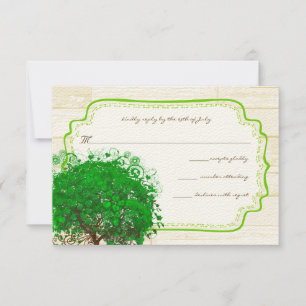 Emerald Heart Leaf Tree Barn Wood Wedding RSVP Karte