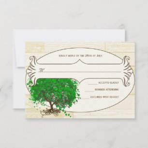 Emerald Heart Leaf Tree Barn Wood Wedding RSVP Karte