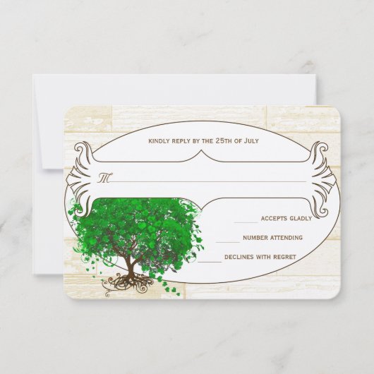Emerald Heart Leaf Tree Barn Wood Wedding RSVP Karte (Vorderseite)