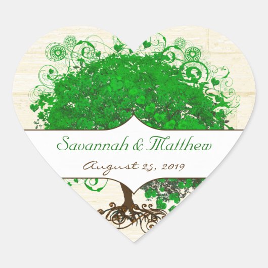 Emerald Heart Leaf Tree Barn Wood Wedding Siegel Herz-Aufkleber (Vorderseite)