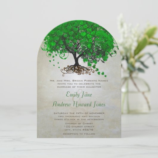 Emerald Heart Leaf Tree Wedding Invites Einladung (Stehend Vorderseite)