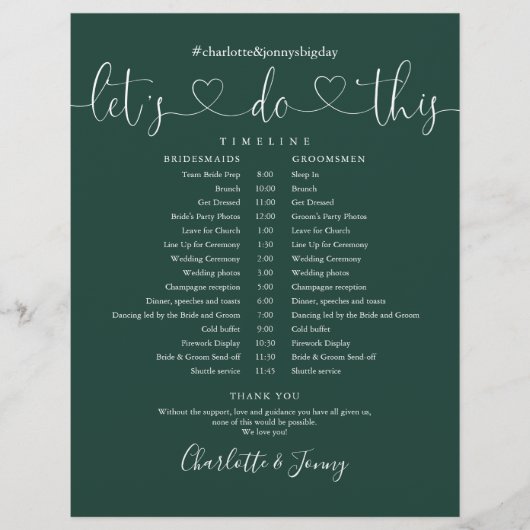 Emerald Heart Script Wedding Zeitplan Timeline (Vorderseite)