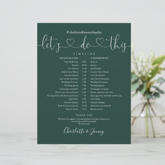 Emerald Heart Script Wedding Zeitplan Timeline (Stehend Vorderseite)