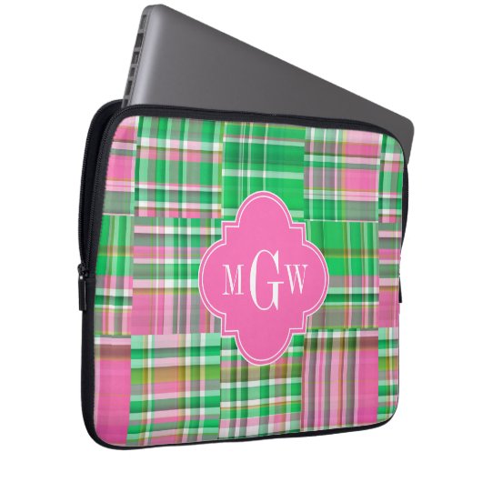 Emerald Hot Pink Preppy Patchwork Madras Monogram Laptopschutzhülle (Vorne Rechts)