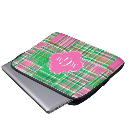 Emerald Hot Pink Preppy Patchwork Madras Monogram Laptopschutzhülle (Vorne Knopf)